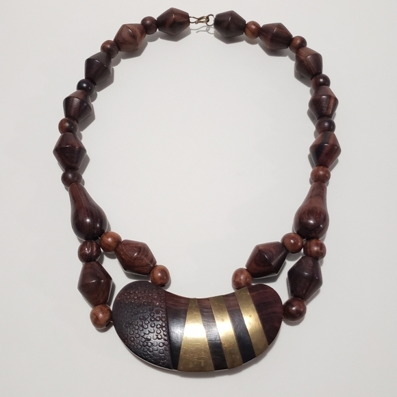 Vintage Chunky Wooden and Brass Statement Necklace - Picture 3 of 12